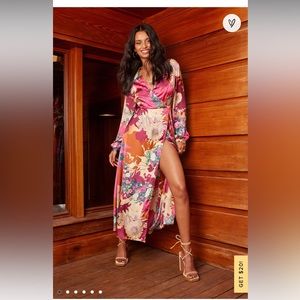 Put on a Smile Burgundy Floral Print Satin Wrap Maxi Dress